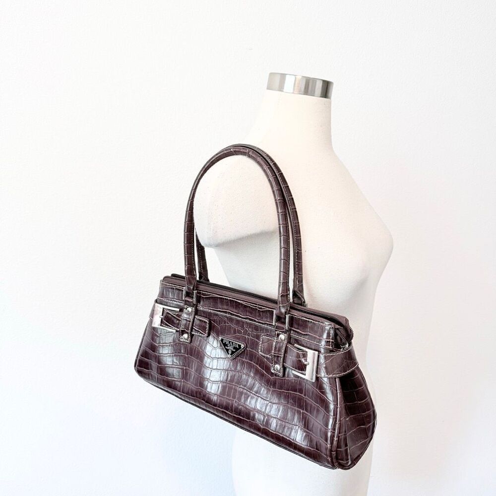 Brown Alligator Faux Baguette Bag Shoulder Purse Small Buckle